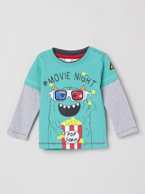 

max Boys Green Grey Printed Round Neck Pure Cotton T-shirt
