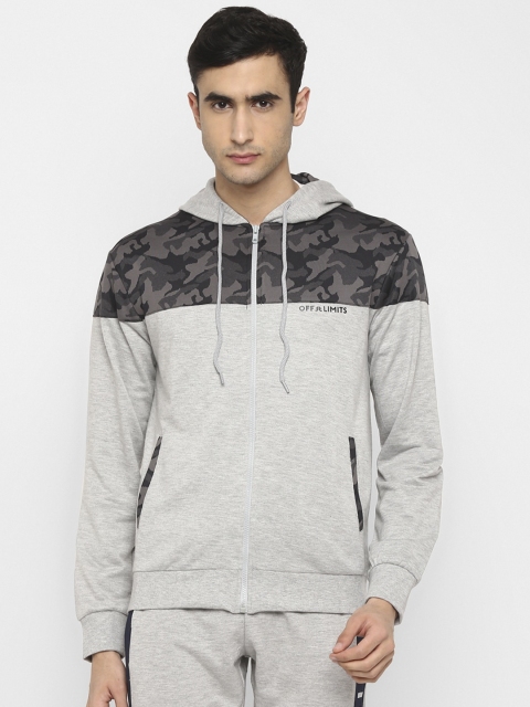 

OFF LIMITS Men Grey Melange Printed Hooded Sweatshirt