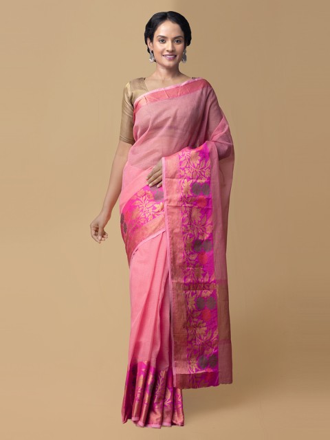 

Unnati Silks Pink & Gold-Toned Pure Silk Woven Design Banarasi Saree