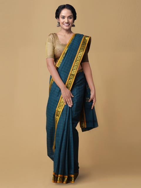 

Unnati Silks Blue Pure Cotton Checked Handcrafted Venkatgiri Saree