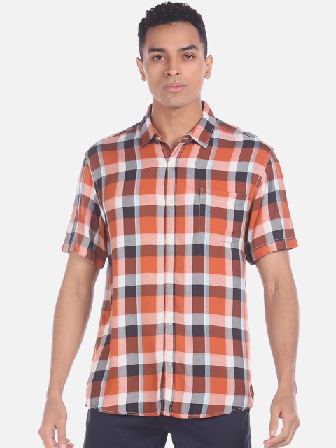 Ruggers Men Rust Regular Fit Checked Casual Shirt