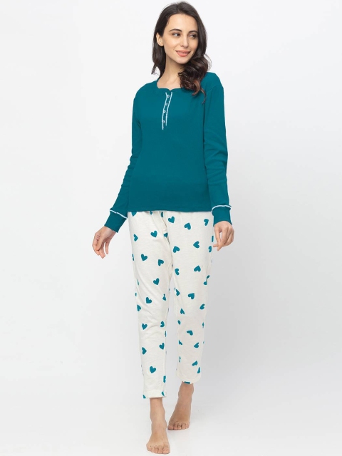 

Nick&Jess Women Green & White Night Suit