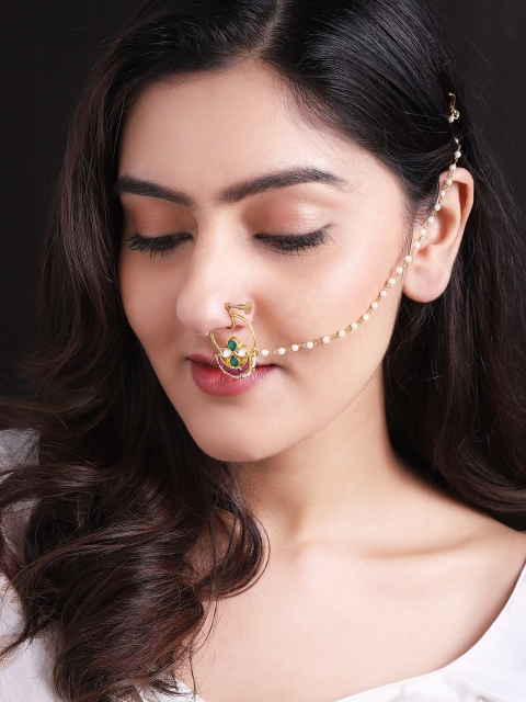 

rubans LUXURY 24K Gold-Plated Pink & Green Kundan-Studded & Pearl Nose Pin