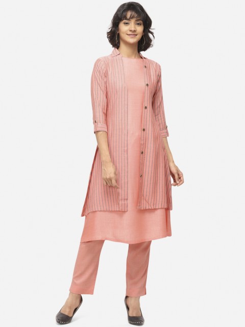 

Yuvraah Women Pink Striped Straight Kurta