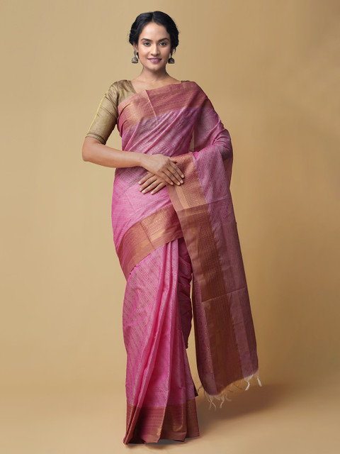 

Unnati Silks Pink & Gold-Toned Pure Cotton Printed Mysore Silk Saree