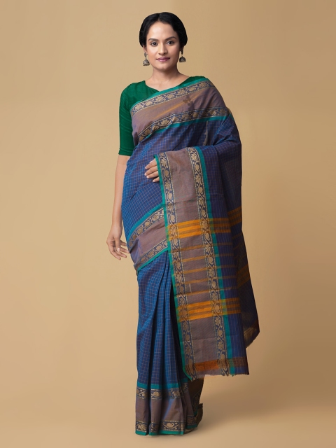 

Unnati Silks Blue Pure Cotton Checked Chettinad Saree