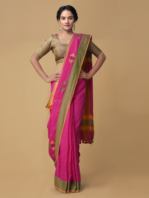 

Unnati Silks Pink Linen Blend Woven Design Jamdani Handloom Saree