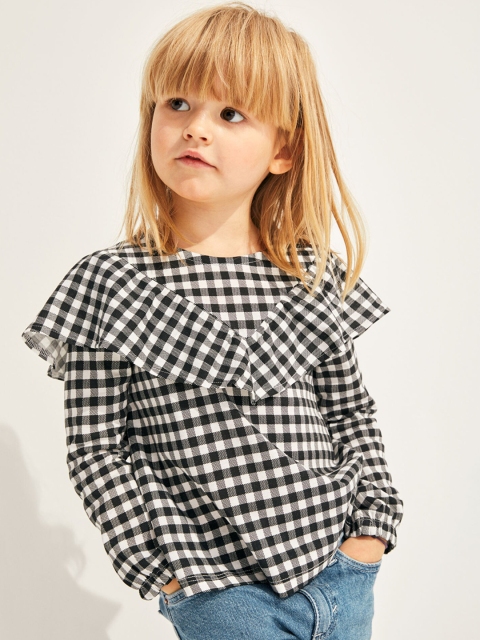 

H&M Girls White & Black Checked Flounce-Trimmed Cotton Top