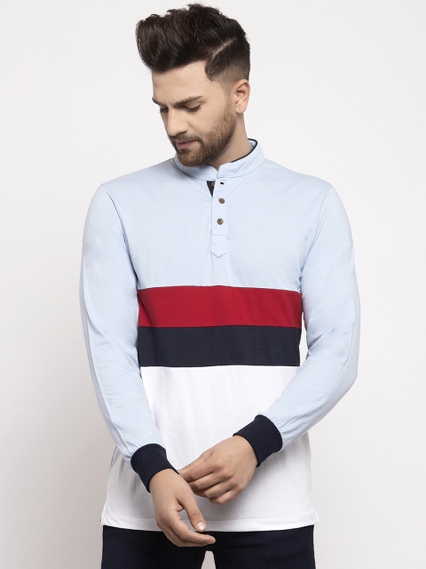 

Kalt Men Blue & White Colourblocked Mandarin Collar T-shirt