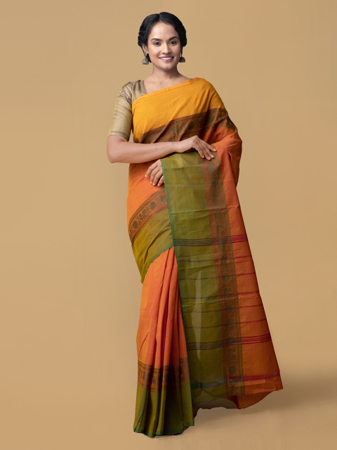 

Unnati Silks Orange & Green Pure Cotton Colourblocked Kanjeevaram Handloom Saree