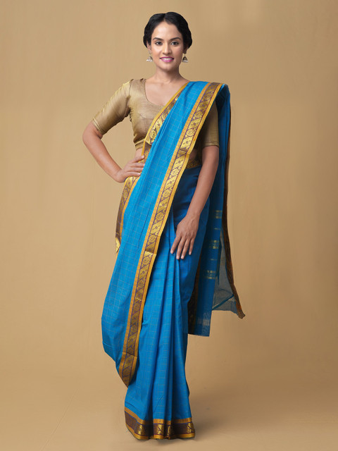 

Unnati Silks Blue Striped Pure Pavni Handcrafted Cotton Saree