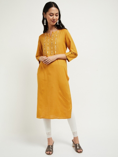 

max Women Mustard Yellow Yoke Design Straight Kurta