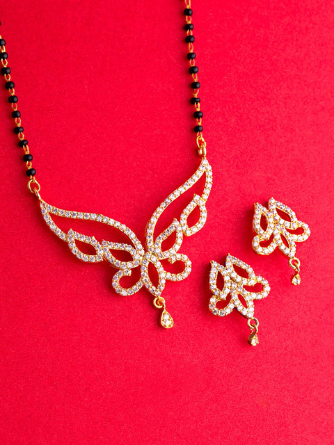 

Voylla Gold-Plated Black & White Stone-Studded Beaded Filigree Design Mangalsutra