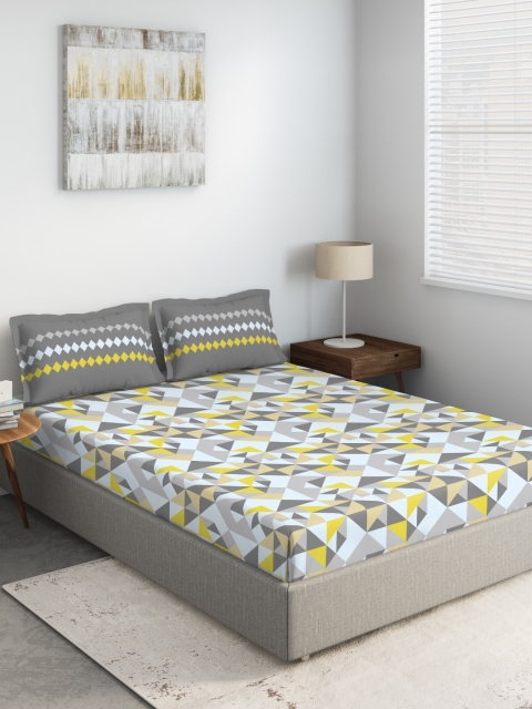 

DDecor Grey & Yellow Printed 144 TC Double King Bedsheet With 2 Pillow Covers
