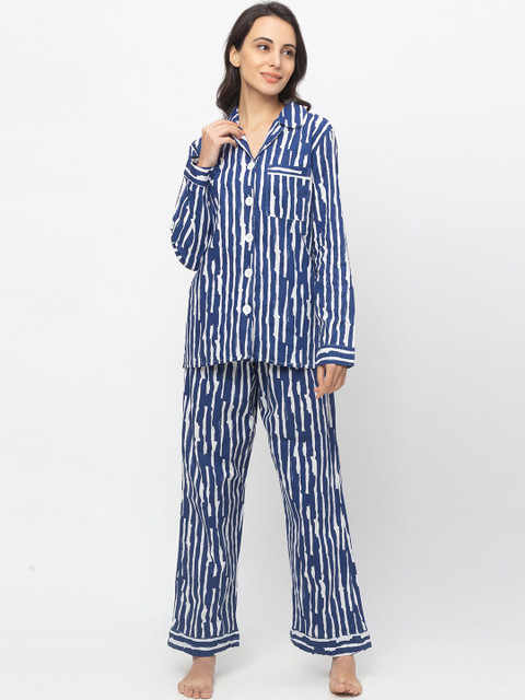 

Nick&Jess Women Blue & White Striped Night Suit