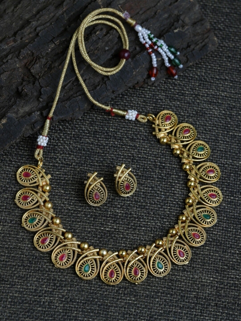 

Fabstreet Gold-Plated Red & Green Stone Studded & Beaded Jewellery Set