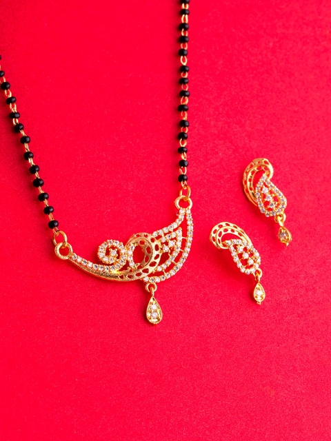 

Voylla Gold-Plated Black & White CZ-Studded Beaded Mangalsutra