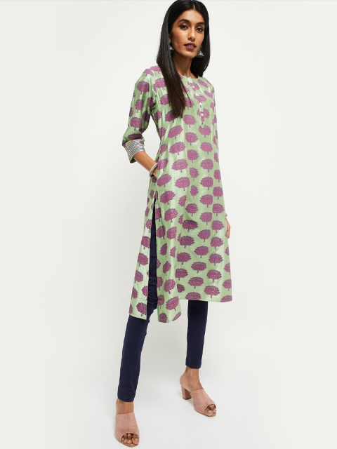 

max Women Pink & Green Floral Printed Straight Kurta