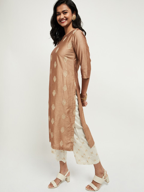 

max Women Brown Embroidered Straight Kurta