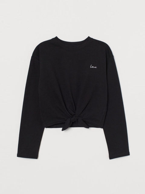 

H&M Girls Black Solid Tie-hem Cotton Jersey Top
