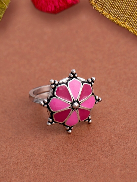 

Studio Voylla Oxidised Silver-Plated Pink Lehariya Enamelled Adjustable Finger Ring