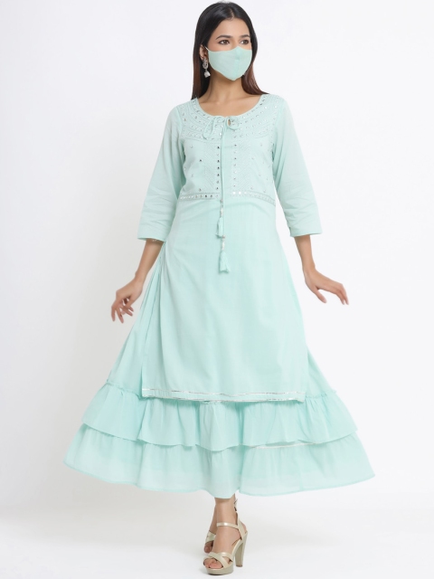 

Juniper Women Sea Green Embellished Ethnic Maxi Dress With Matching Mask