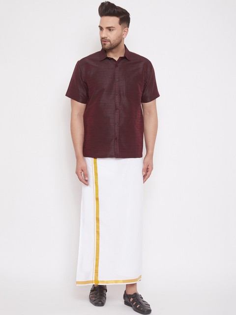 

VASTRAMAY Men Burgundy & White Solid Shirt with Dhoti Pants