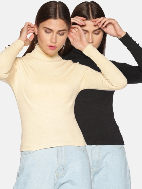 

ISU Women Cream & Black Pack of 2 Solid Fitted Top