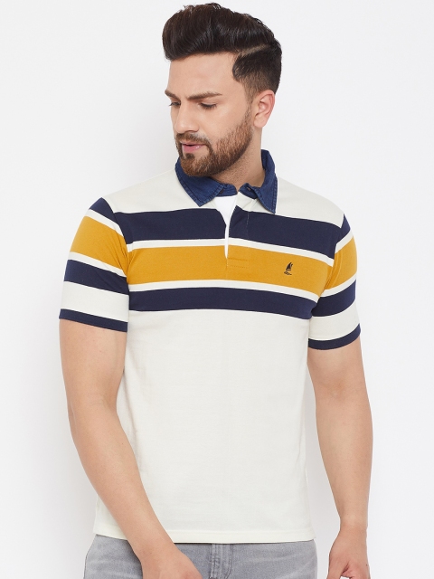 

HARBORNBAY Men White Striped Polo Collar Pure Cotton T-shirt