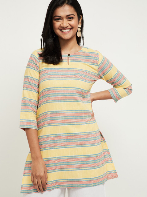 

max Women Yellow & Blue Striped Cotton Straight Kurti