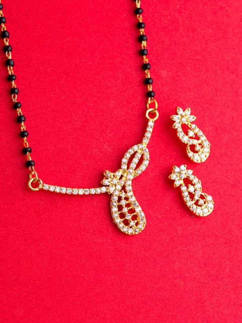 

Voylla Gold-Plated Black & White Knots & Flowers CZ-Studded Beaded Mangalsutra