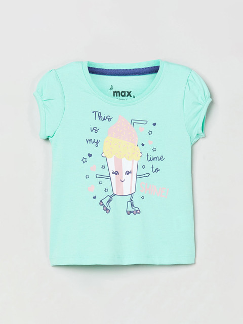 

max Girls Blue & Pink Printed Round Neck T-shirt
