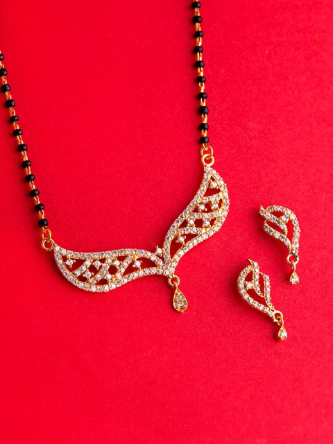 Voylla Gold-Plated Black & White CZ-Studded Beaded Mangalsutra