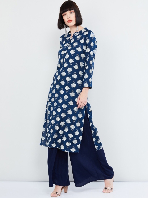 

max Women Navy Blue & White Printed Straight Kurta