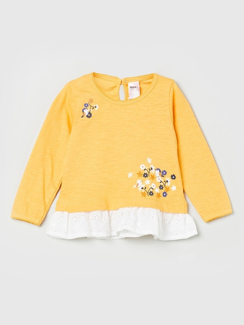 

max Girls Yellow Self Design Round Neck T-shirt