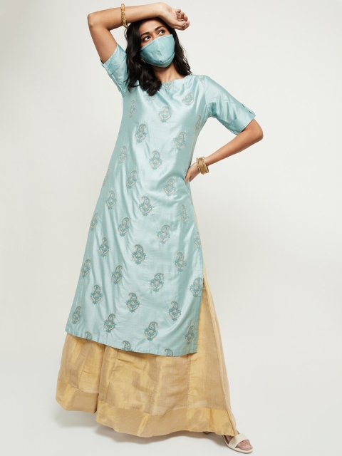 

max Women Blue Embroidered Straight Kurta