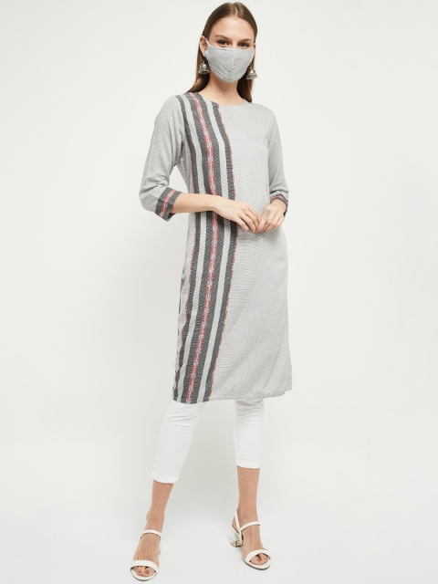 

max Women Grey Off-White Striped Straight Cotton Kurta