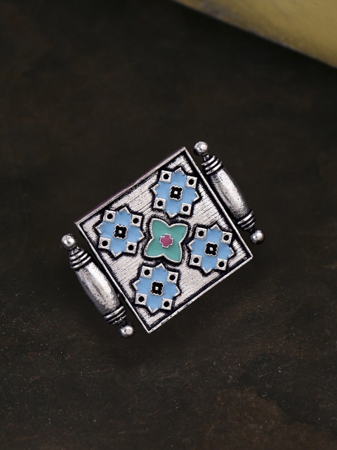 

Studio Voylla Silver-Plated Blue & Green Floral & Geometric Motifs Statement Finger Ring