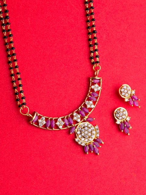 

Voylla Gold-Plated Black & Magenta Pink CZ-Studded & Beaded Mangalsutra