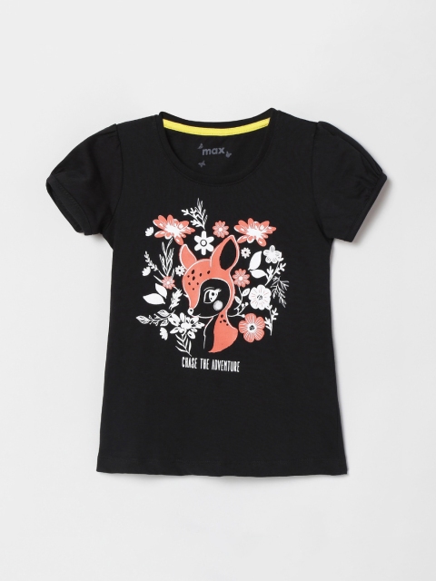 

max Girls Black Printed Round Neck T-shirt
