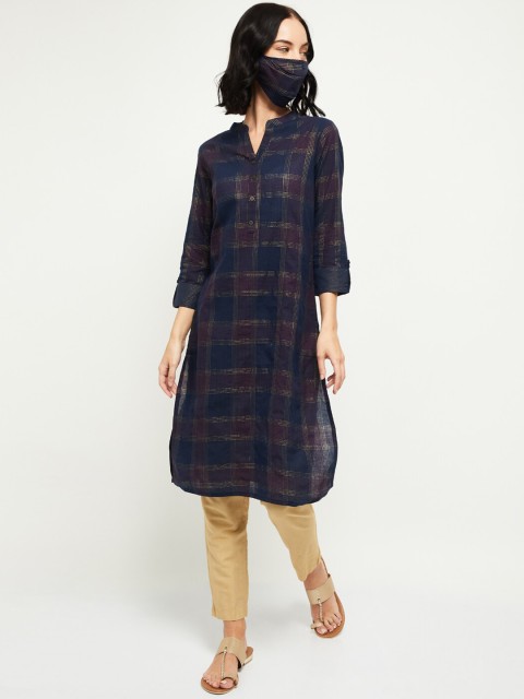 

max Women Navy Blue Gold-Toned Checked Straight Kurta