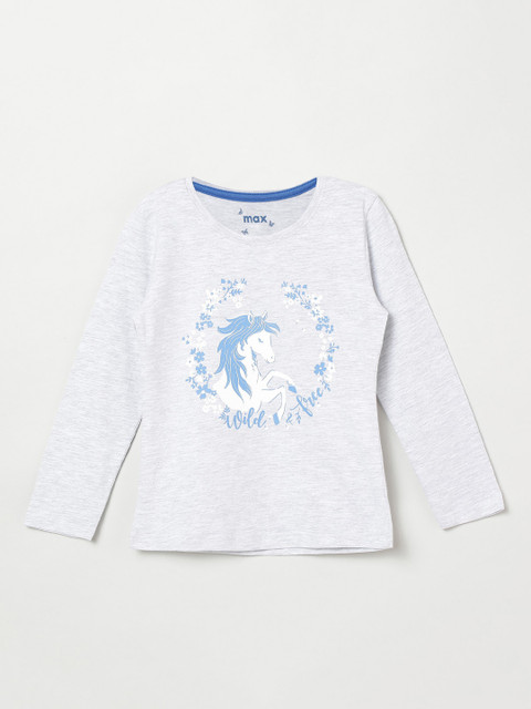 

max Girls Grey Melange Printed Round Neck Pure Cotton T-shirt