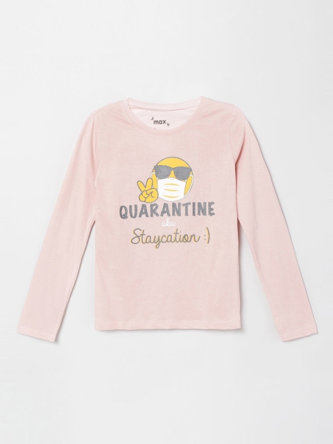 

max Girls Peach-Coloured Printed Round Neck Cotton T-shirt