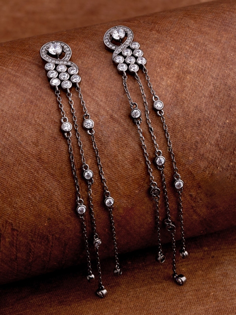 

Voylla White & Rhodium-Plated Contemporary Tassel Drop Earrings