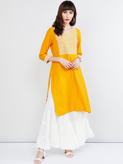 

max Women Yellow Yoke Design Straight Kurta