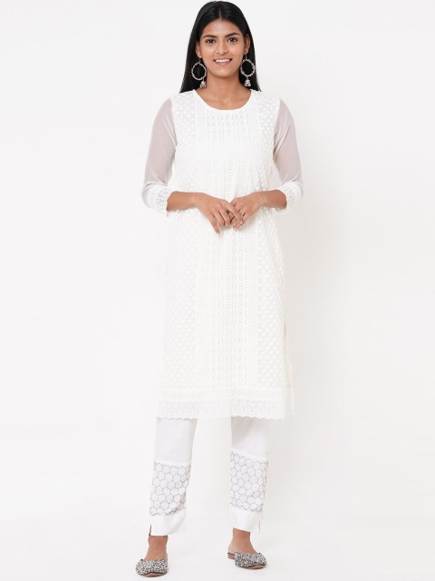 

FASHOR Women White Embroidered Straight Kurta
