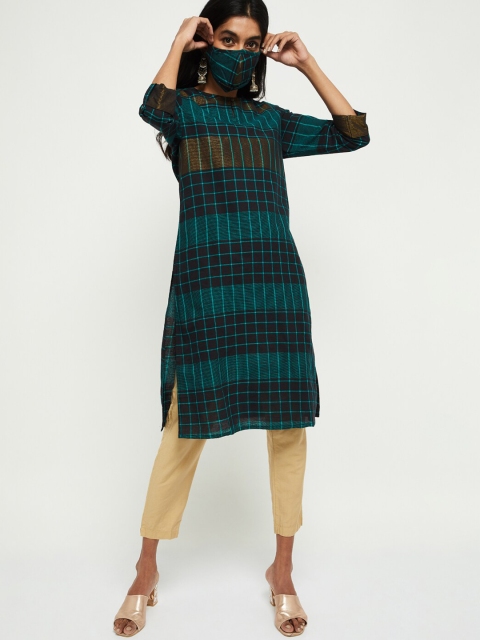 

max Women Teal Green Black Checked Straight Kurta