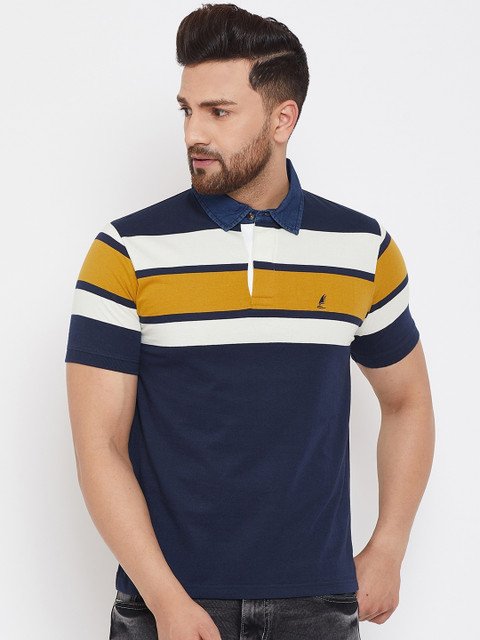 

HARBORNBAY Men Navy Blue Striped Polo Collar Pure Cotton T-shirt