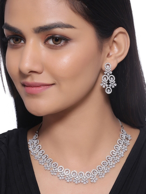 

Voylla Silver-Plated White CZ Studded Antique Inspired Jewellery Set