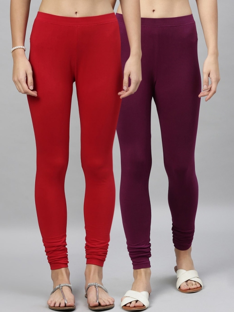 

Kryptic Women Pack Of 2 Solid Churidar-Length Leggings, Red